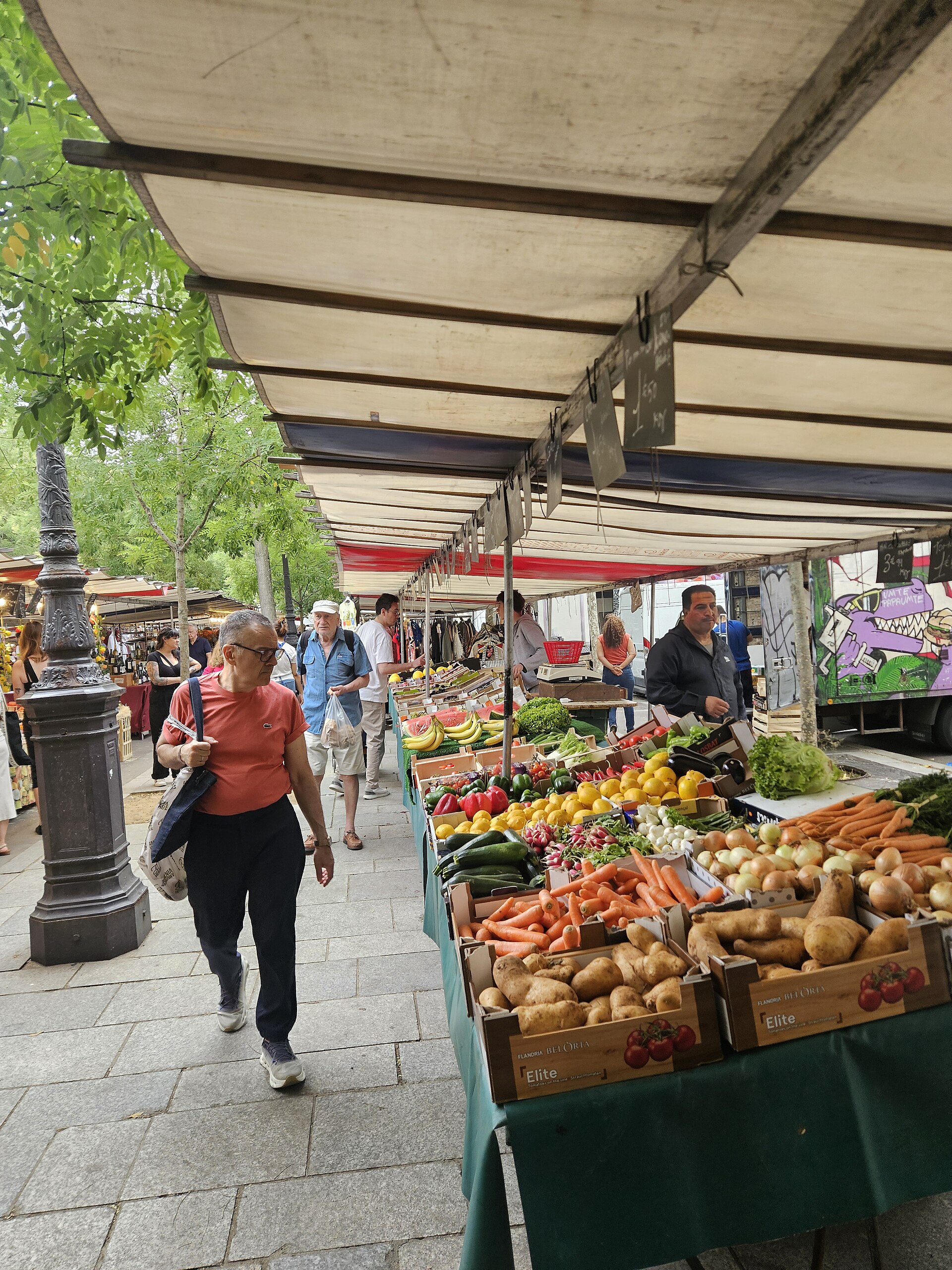 Fresh produce stalls at Marché Bastille, Paris